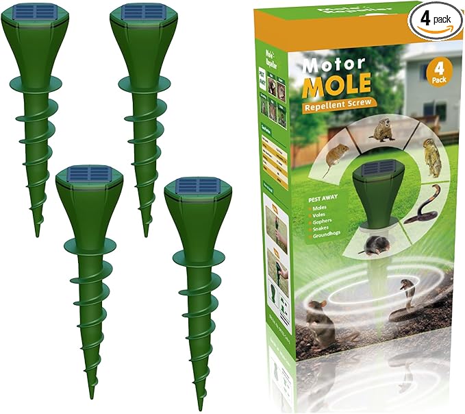 Mole Repeller Solar Ultrasonic 4 Pack, IP65 Waterproof Tested Champion Against Moles and Snakes in Gardens Animal-Friendly Rodent Repeller Keeps Snakes Out of Your Yard