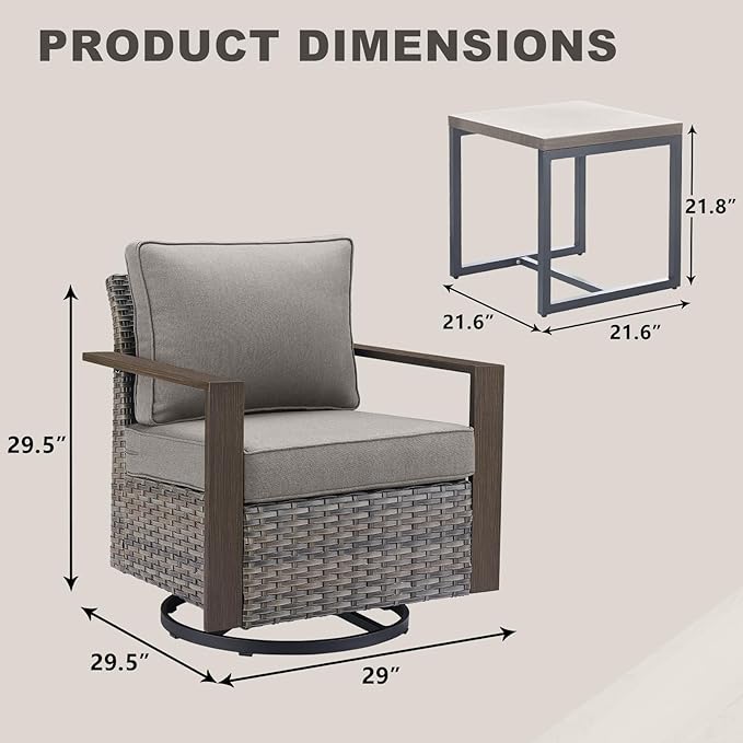 Outdoor Patio Swivel Rocker Chairs - 3 Piece Wicker Patio Furniture Bistro Set with 2 Swivel Rocking Chairs and 1 Metal Side Table,Thick Cushions,Deep Seating for Deck Porch Garden(Mixed Grey/Grey)