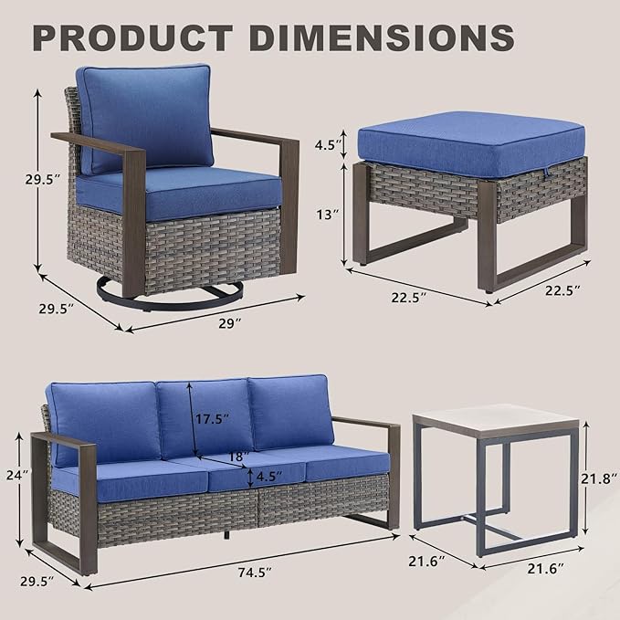 Rilyson Outdoor Wicker Patio Furniture Set - 8 Piece Patio Conversation Set with 4 Wicker Swivel Rocker Chairs,2 Rattan Ottoman 1 Side Table and 1 Couch,Thick Cushions,Deep Seating(Mixed Grey/Blue)