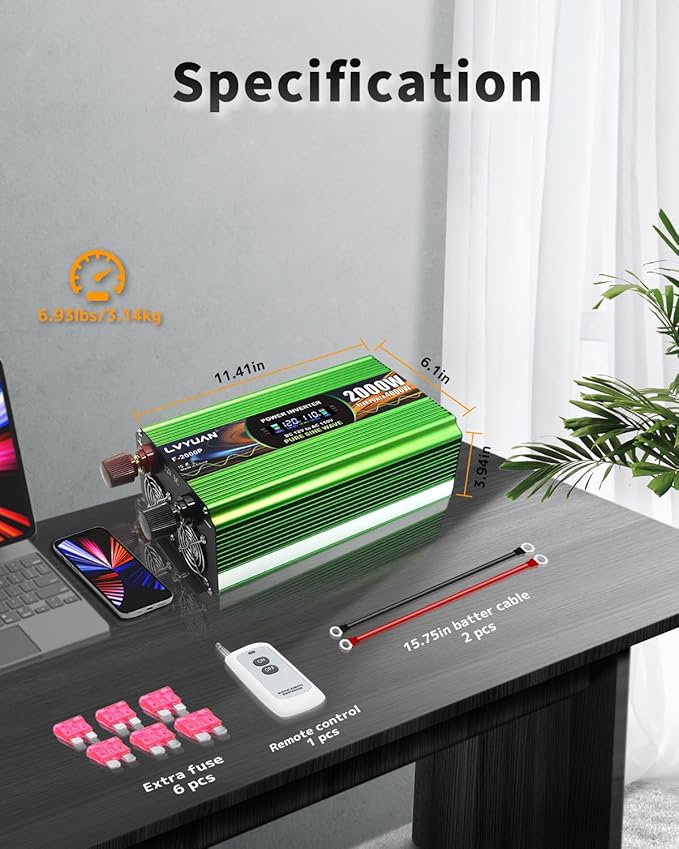 2000W Pure Sine Wave Power Inverters, LVYUAN 4000W Peak Power 12V DC to AC 120V Power Converter for RV, Truck, Outdoor, Remote Control Quadruple AC Outlets and USB Ports Inverter with LCD Display
