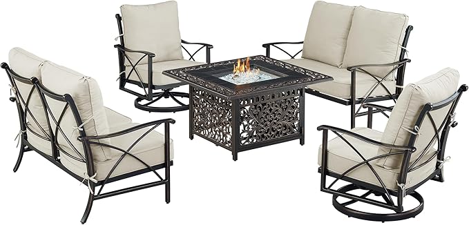 Oakland Living Black Aluminum Patio Fire Table Set with Two Deep Seating Loveseat with Cushions and Two Club Chairs