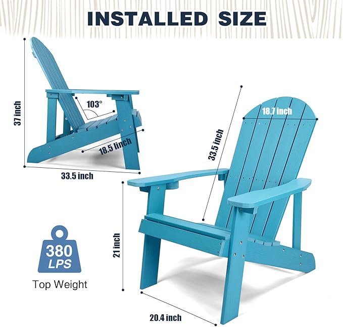 Adirondack Chairs Set of 2, All Weather Resistant Plastic Chairs with Cup Holder, 5 Easy Steps to Install, Outdoor Chairs for Patio, Garden, Backyard Deck, Lawn, Fire Pit - Lake Blue