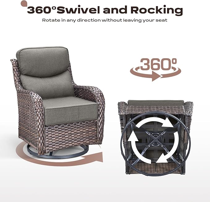 Rilyson Wicker Outdoor Patio Furniture Set - 5 Piece Patio Conversation Sets with Swivel Rocker Chairs, Ottomans and Side Table, 6 inch Cushions, Waterproof Wicker, for Porch Deck Brown/Grey