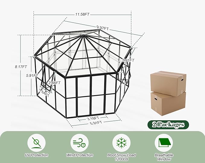 Jocisland 12x10x8 FT Hexagonal Greenhouse, Quick-Connect Aluminum Frame, Dual Roof Vents & Double Doors, Walk-in Garden/Backyard Greenhouse with Gutters, Black