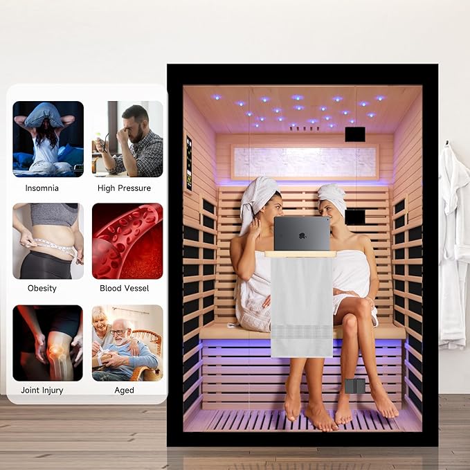 2 Person Infrared Sauna Room Far Infrared Saunas Home Canadian Hemlock Indoor 2100W Low-EMF Dry Saunas with Oxygen Bar 7 Color Therapy 53.1 * 47.2 * 74.8inch