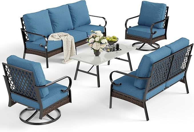 SUNSHINE VALLEY 5 Piece Metal Outdoor Patio Furniture Set, Patio Conversation Setsv with 3-Seater Sofa, Loveseat, 2 Fixed Sofa (5.75" Thick Cushion) & Coffee Table Black Backyard Furniture, Denim Blue