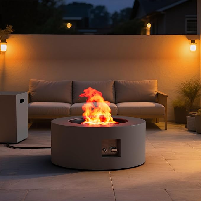 2-Piece 30" Round Propane Fire Pit for Outside Patio with Hidden Tank Table, 50,000 BTU Fireplaces with Lid, Glass Rocks, Cover(Dark Grey)