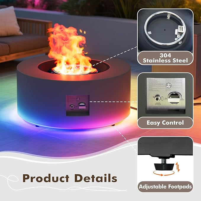 30" Round Propane Fire Pit Table - 50K BTU with Lid, Rocks Tank Storage and Cover - Round Gas Fire Pits for Outside Patio - Outdoor Table with Firepit (Gray/RGB Light, 30" Round)
