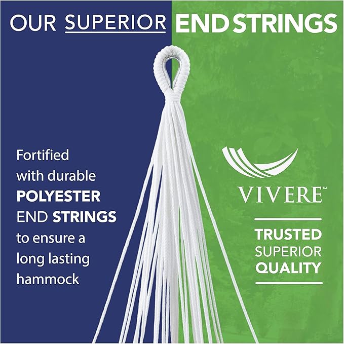 Vivere Brazilian Style Double Cotton Hammock with Polyester End Strings, 450 lb Weight Capacity (Serenity)