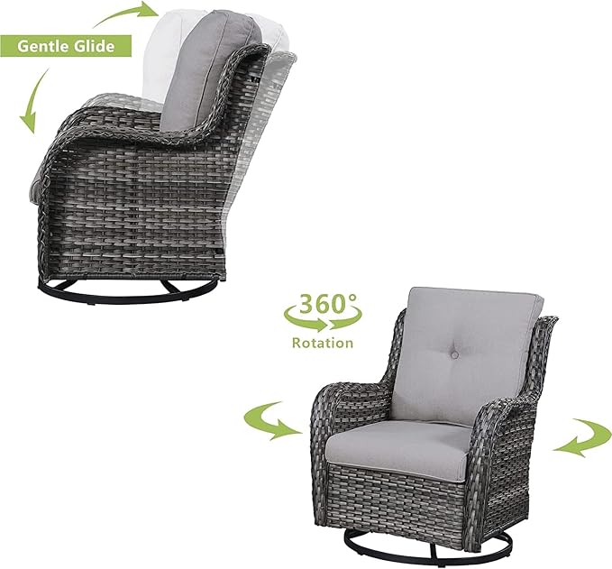 HUMMUH 6 Pieces Patio Furniture Set with Fire Pit Table Outdoor Conversation Set PE Wicker Patio Couch Swivel Glider Chairs Ottomans for Balcony Garden,Lawn,Deck