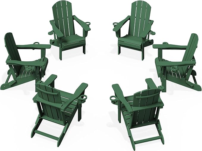 KINGYES Folding Adirondack Chair Set of 6, Dual Cup Holders & All-Weather HDPE, Wood-Like Patio Chair for Backyard, Camping, Pool & Fire Pit, Dark Green
