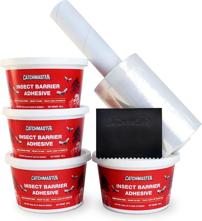 Catchmaster Tree Banding Insect Barrier DIY Kit 4Pk, 15oz., Spreader, 1Kft Roll Plastic Wrap, Lanternfly & Ant Traps, Outdoor Adhesive Crawling Insect Trap, Glue Traps to Protect Trees, Fruit & Plants