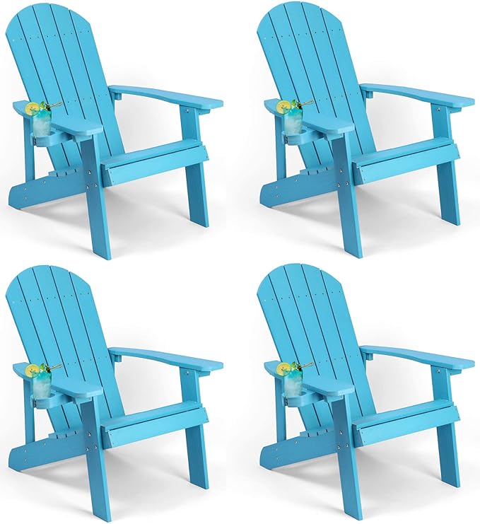 Adirondack Chairs Set of 4, All Weather Resistant Plastic Chairs with Cup Holder, 5 Easy Steps to Install, Outdoor Chairs for Patio, Garden, Backyard Deck, Lawn, Fire Pit - Lake Blue