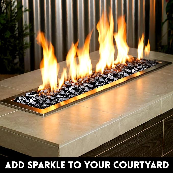 GasSaf 1/2 Inch Fire Glass Reflective Tempered Fireglass Cut Crushed FireGlass for Fire Pit, Fireplace, Replaces Existing Gas Logs & Lava Rocks (10 Pound)(Black Reflective)