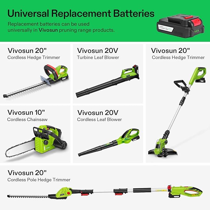 VIVOSUN 20" Cordless Pole Hedge Trimmer, 20V Electric Bush Trimmer with 20” Dual-Action Laser Blade, Adjustable Cutting Head, 0.55" Cutting Capacity, 2.0AH Battery and Fast Charger Included