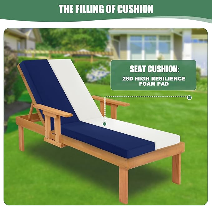 Chaise Lounge Cushions Outdoor Set of 2 - Waterproof and Fade Resistant Sun Lounger Replacement Cushions - Patio Lounger Pads with Removable Cover for Pool, Deck, 80 x 26 x 3 Inch, Navy