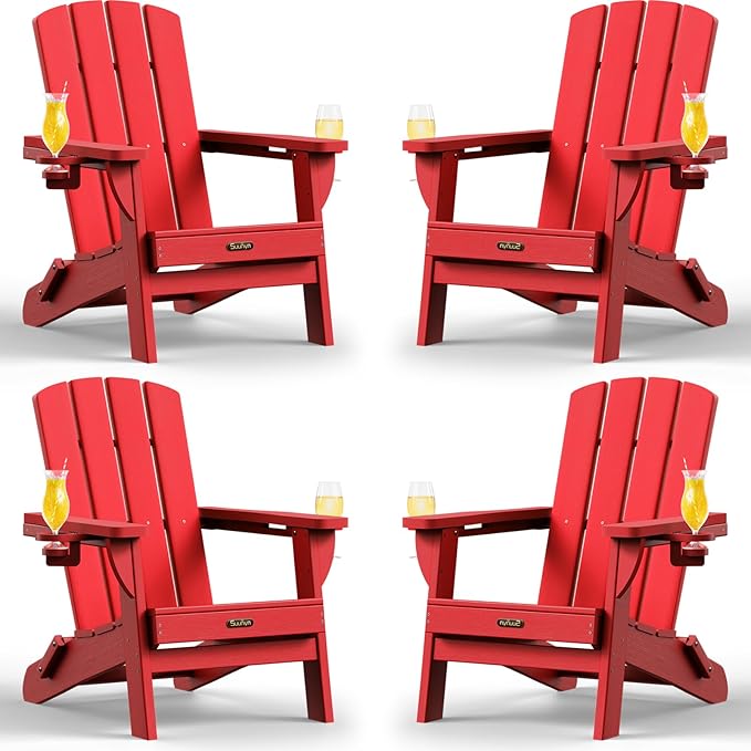 Folding Adirondack Chair 4 Pack, HDPE All-Weather Fire Pit Chairs, Plastic Adirondack Chairs with 2 Cup Holder, Outdoor Lawn Chair for Patio Garden (Red)
