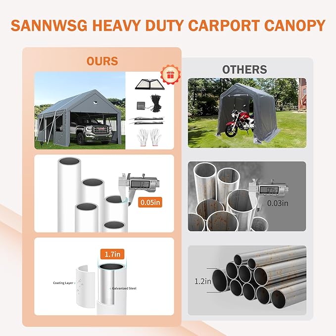 Carports 20X20 Heavy Duty，2 Car Carports with Side Doors，Portable Car Port Garage All Weather，Extra Large Outdoor Carport Canopy，Grey
