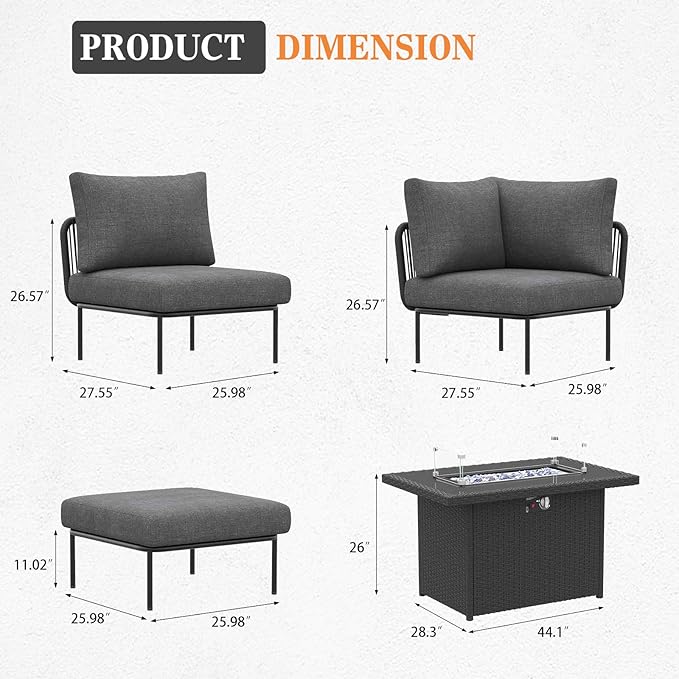 7 Piece Modern Outdoor Rope Wicker Sectional Patio L-Shaped Conversation Sofa Set Deep Seating with Fire Pit Table