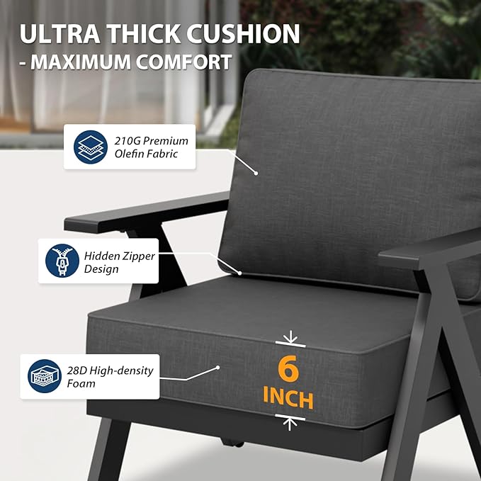 Urban Anvil 4 Pieces Patio Furniture Outdoor Metal Armchairs, All-Weather Patio Accent Chairs with Cushions for Balcony, Porch, Deck, Black/Gray