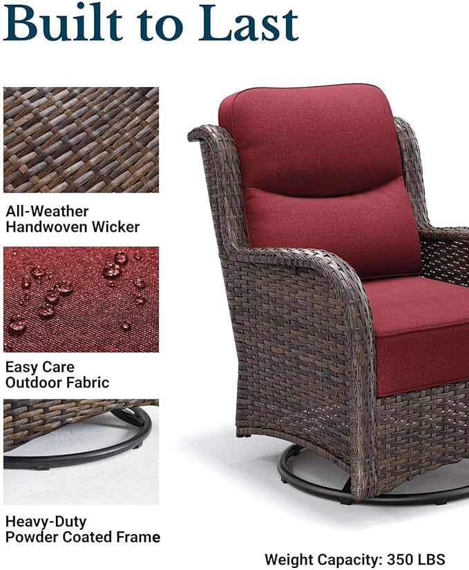 HILLGA Luxury Patio Furniture Set with 6-inch Thick Cushion, Outdoor High Back Swivel Rocker Patio Chairs, 5PCS Wicker Conversation Set for Deck Yard and Poolside, Burgundy (V2)