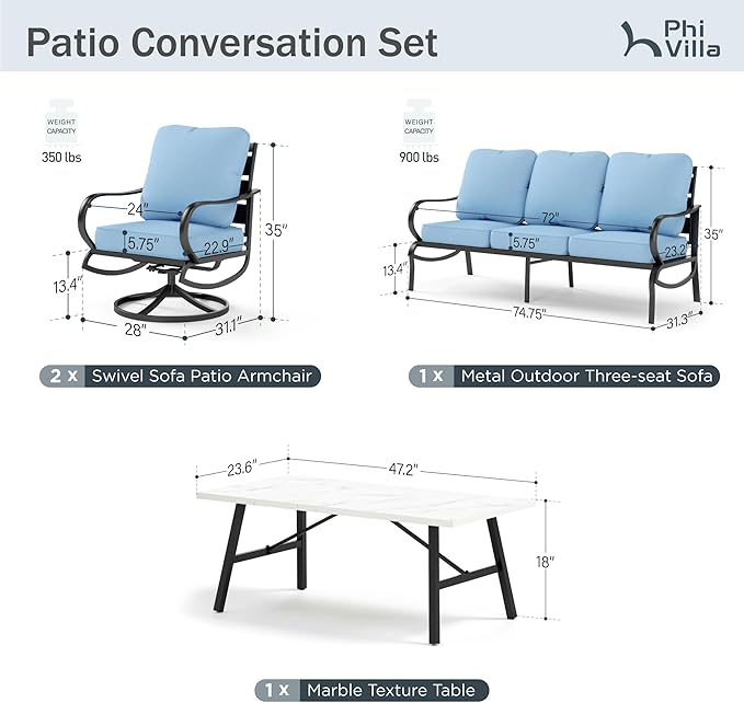 PHI VILLA 4 Piece Patio Furniture Sets for 5 Person with 1 x 3-Seat Deep Seating Bench, 2 x Cushioned Swivel Sofa Chairs & 1 x Coffee Table, Outdoor Metal Conversation Set for Lawn Garden, Light Blue