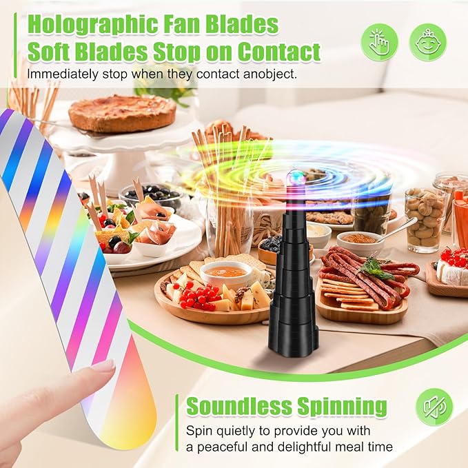 Fly Fans for Tables, Rechargeable Fly Fan for Outdoor Table, Food Fan Table Top with Colorful Light, Fly Spinner for Home Party Picnic, Restaurant, Camping