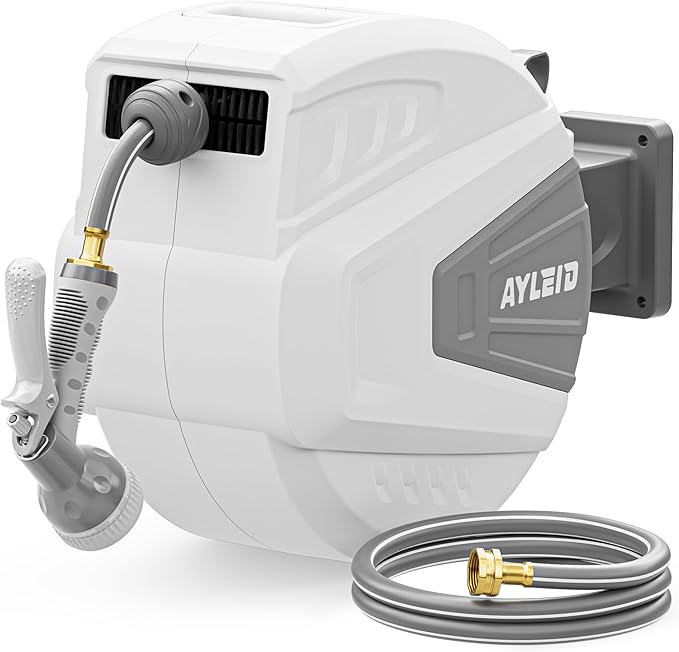Ayleid Retractable Garden Hose Reel,1/2 in x 100 ft Wall Mounted Hose Reel, with 9- Function Sprayer Nozzle, Any Length Lock/Slow Return System/Wall Mounted/180°Swivel Bracket (Grey)