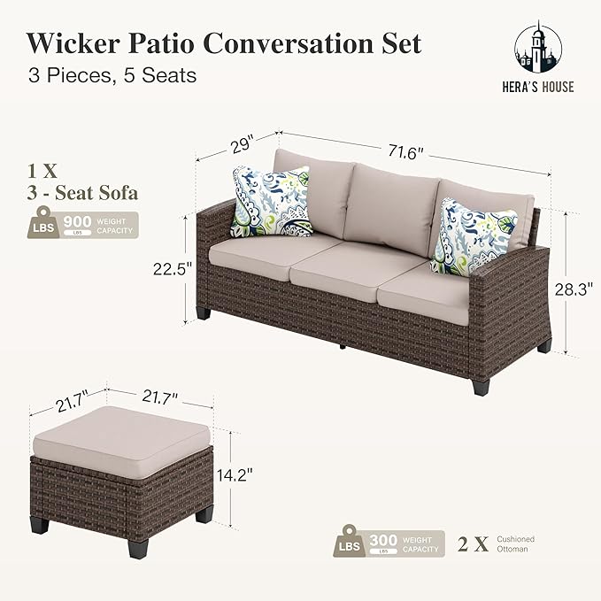 Small Patio Furniture Set, 3 Pieces Wicker Outdoor Sectional Set, L-Shaped Patio Couch Set, Modular Rattan Conversation Set with Lounge Sofa and Ottomans for Deck Lawn Garden, Beige