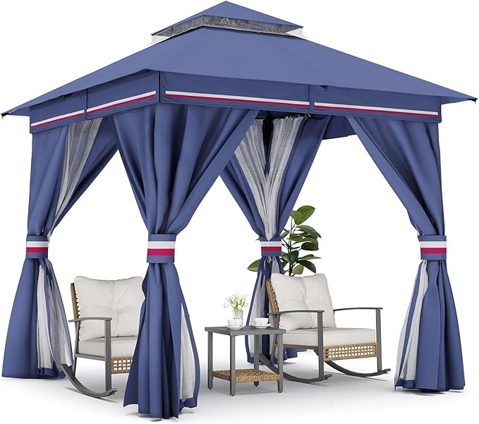 LAUSAINT HOME Gazebo 8x8ft, Heavy Duty Patio Gazebo with Expansion Bolts, Party Canopy Tent with Double Roofs, Mosquito Nettings and Privacy Screens for Backyard, Garden, Lawn, Classic Blue