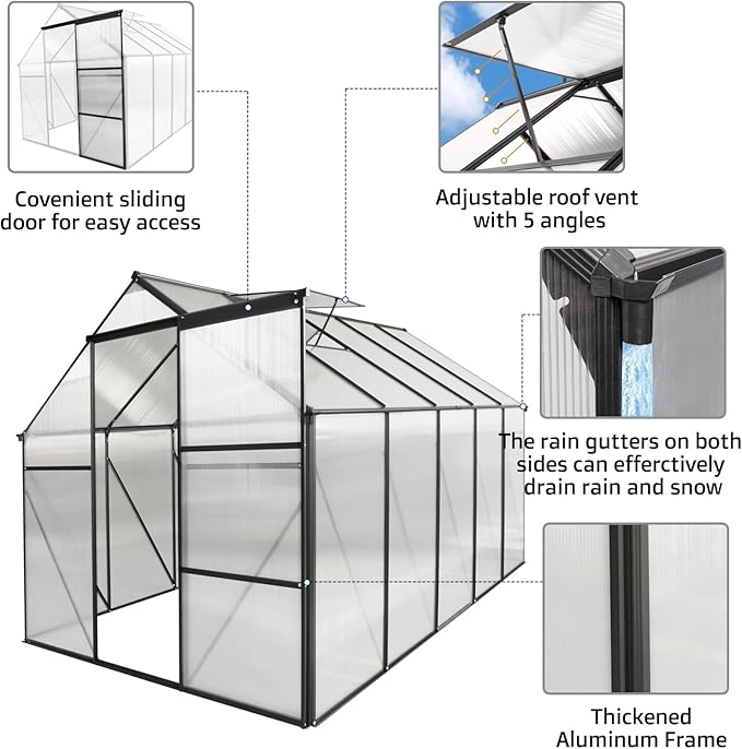 6×10 FT Black Polycarbonate Greenhouse for Outdoors with Aluminum Frame & Raised Base, Walk-in Green House with Sliding Door, Gutter System & Roof Vent, Heavy-Duty Outdoor Greenhouse