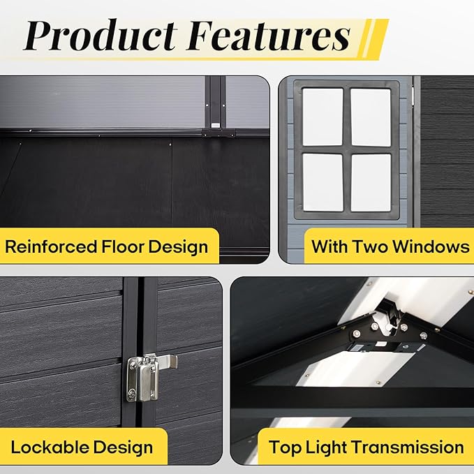 8x6 FT Resin Storage Sheds Outdoor with Floor Included, Plastic Sheds & Outdoor Storage Clearance with 2 Windows and Lockable Door, Backyard Storage Sheds for Bike, Garden Tools, Black+Grey