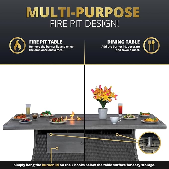 New Upgrade 7-Piece Rattan Patio Furniture Set, 76" Propane Fire Pit Table 50,000 BTU, 4 Dining & 2 Swivel Chairs Included, Cushion, CSA Certified, for Garden Backyard Outdoor Dining and Conversations