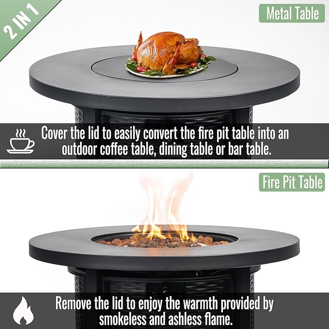 30" Propane Gas Fire Pit Table, 50000 BTU Round Steel Fire Pit Steel Lid & Lava Rock for Outside Patio Deck Garden Courtyard-Black