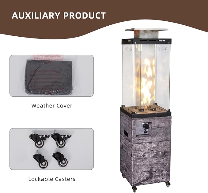 Outdoor Patio Propane Fire Heater with Weather Cover Glass 41000 BTU Fireplace Patented & CSA Certificated, Gray