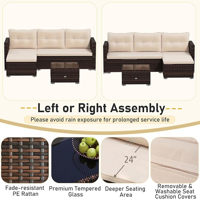 Tangkula 5 Pieces Patio Furniture Set with 32” Fire Pit Table and Propane Tank Cover, Outdoor Wicker Cushioned Sectional for Deck, Backyard, Fire Pit Protective Cover Included (Beige)