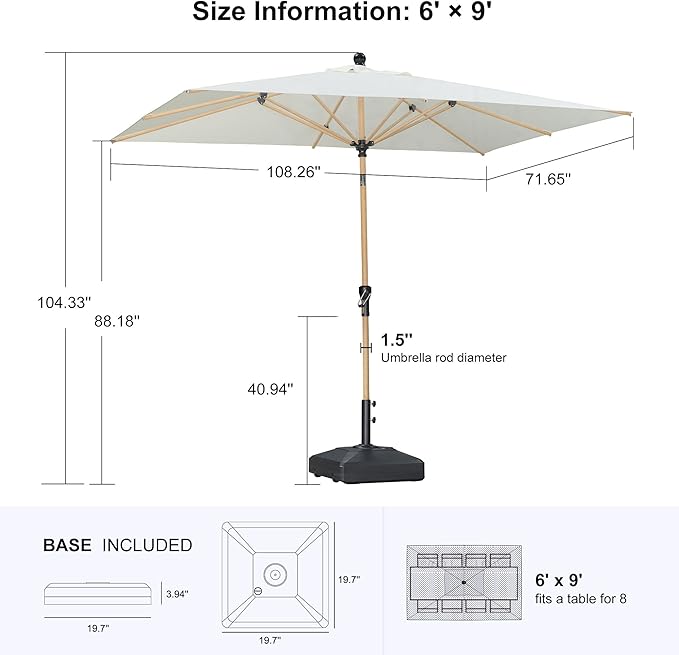 PURPLE LEAF 6' x 9' Patio Umbrella with Base Market Umbrella Rectangular Outdoor Umbrella with Push Button Tilt & Crank and 8 Ribs Aluminum Table Umbrella for Pool Backyard Beach, Cream