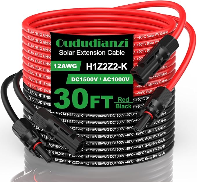 Oududuanzi Solar Extension Cable 30Ft, 12Gauge Tinned Copper PV Wire, Solar Wire 12AWG, Solar Panel Cables and Connectors for Home RV Cars Boats Photovoltaic Systems, Set of 2