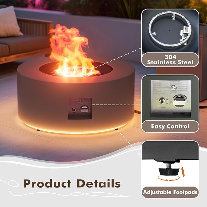 30" Round Propane Fire Pit Table - 50K BTU with Lid, Rocks Tank Storage and Cover - Round Gas Fire Pits for Outside Patio - Outdoor Table with Firepit (Grey/Golden Light, 30" Round)