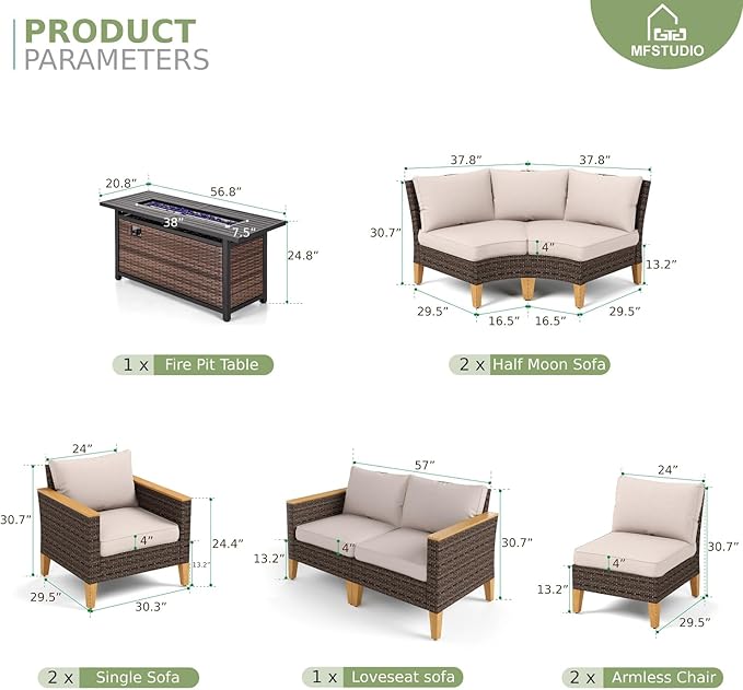 MFSTUDIO 9 Pieces Wicker Patio Furniture Set with 56" Fire Pit Table, Half-Moon Curved Patio Sectional Sofa Set, Extra Large Rattan Outdoor Conversation Sets for Garden, Backyard(Beige Cushion)