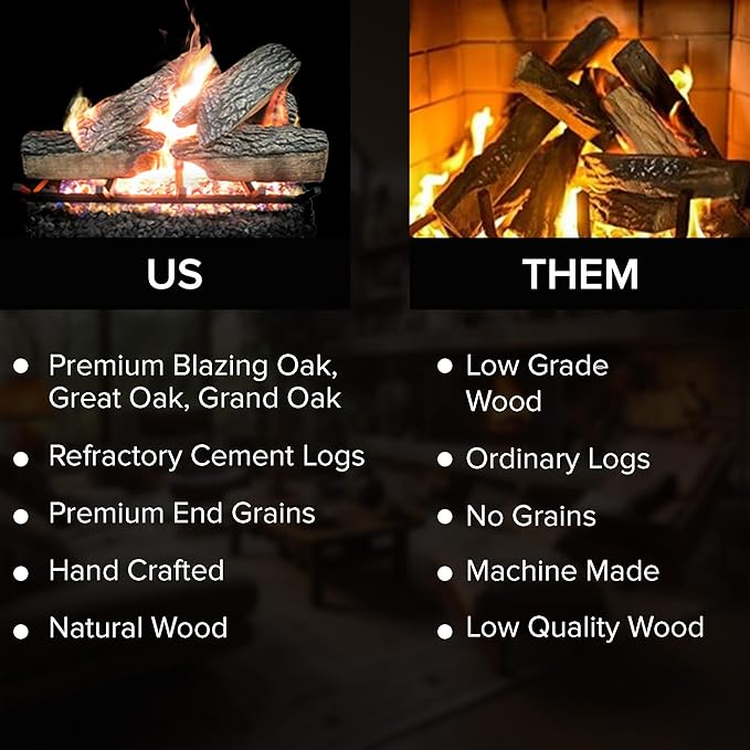 18" Premium Gas Logs - Match Light Kit Included - for Natural Gas Vented Fireplaces - Blazing Oak Design (Logs + Match Light Kit)
