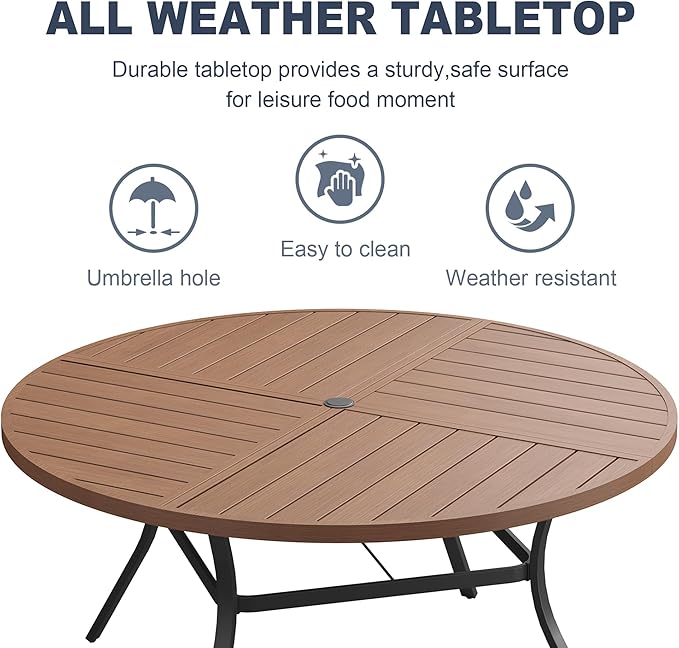 VICLLAX Round Patio Dining Table, 6 Person Metal Outdoor Dining Table with Umbrella Hole and Storage Shelf for Garden Lawn Deck, 50" Walnut