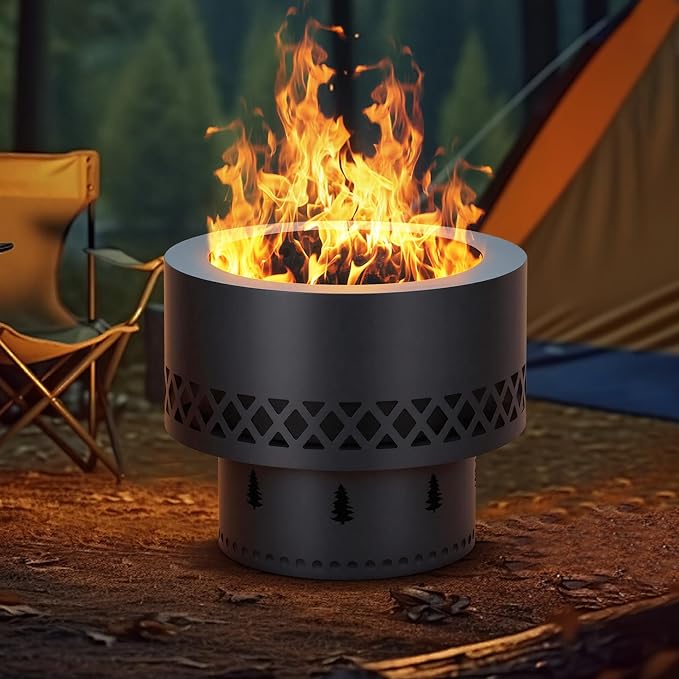 16 Inch Smokeless Fire Pit, Wood Burning Outdoor Fireplace with Removable Ash Pan & Dust Bag - Ideal for Patio BBQ, Bonfire, Camping