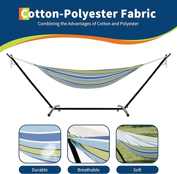 GarveeLife Instant-Setup 2-Person Hammock with Reinforced Steel Frame – Portable Outdoor Lounger for Garden, Camping & Beach (450 LB Capacity + Quick-Fold Carry Bag),Blue-Green Stripes