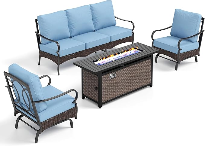 Patio Furniture Set with 56" Fire Pit Table, Premium Outdoor Wicker Metal Frame Furniture with Upgraded Waterproof Thick Cushions for Porch, Poolside, Deck, and Yard （4 Pieces,Blue）