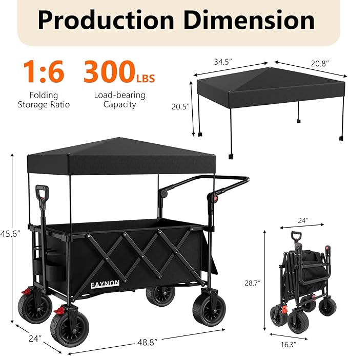 3 in 1 Collapsible Wagon with 300lbs Weight Capacity,150L Heavy Duty Utility Cart with Removable Canopy,with Big All-Terrain Beach Wheels & Drink Holders,Black