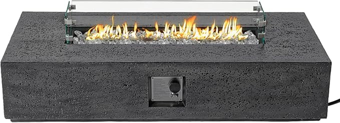 SUNBURY Outdoor Travertine Fire Pit Table, Propane Burning FirePit, 56x28 inch Square Patio Fire Table 50,000 BTU Fire Pit for Outside with Waterproof Cover and Glass Stones, Light Gray