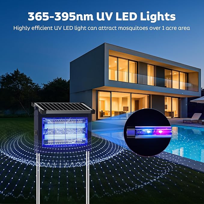 Solar Bug Zapper Outdoor, Mosquito Zapper Waterproof Electric Fly Zapper Rechargeable Mosquito Killer Lamp with 10W Solar Panel, 4500V Cordless Fly Trap for Backyard, Patio, Garden, RV, Camping