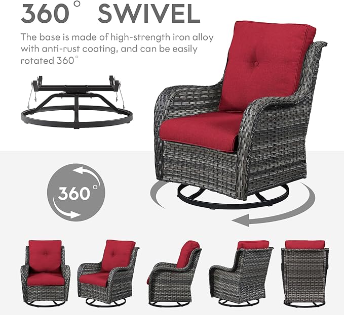 Belord 5 Piece Outdoor Patio Furniture Set - Wicker Furniture Patio Conversation Set, Outdoor Swivel Rocker Chairs with 3-Seater Sofa and 2 Ottomans for Small Space, Red Cushion