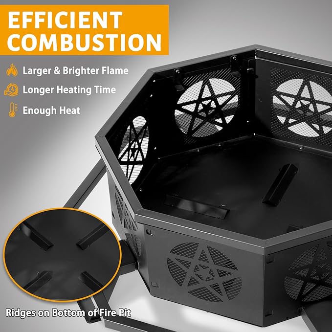 43 Inch Outdoor Fire Pit, Heavy Duty Wood Burning Firepits for Outside, Octagonal Metal Bonfire Fire Pits with Fire Poker for Camping, Backyard, Patio, Garden, Beach, Poolside, Picnic